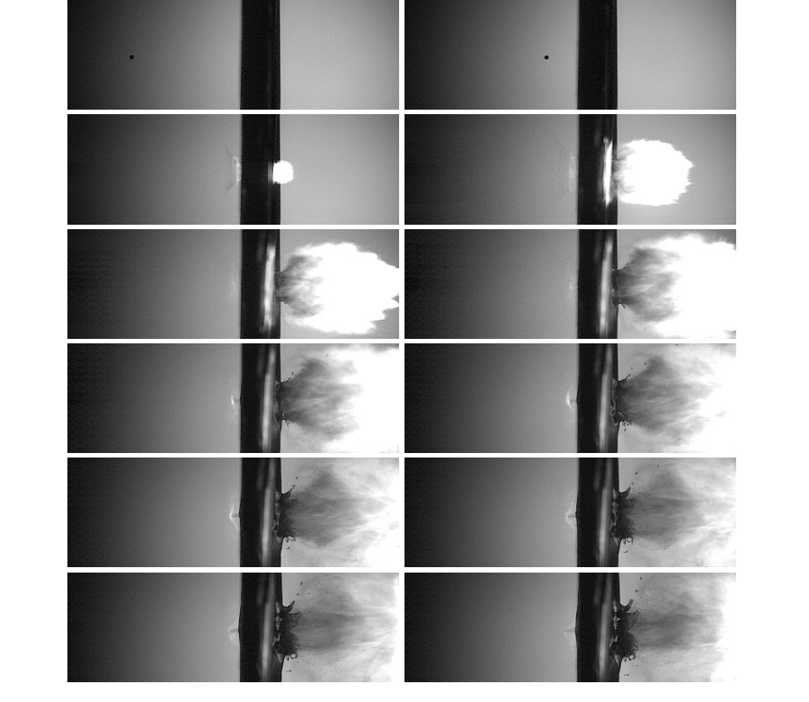 Visualizing a hypervelocity impact on an MLI. 1 mm ballpoint at 8 km/sec.